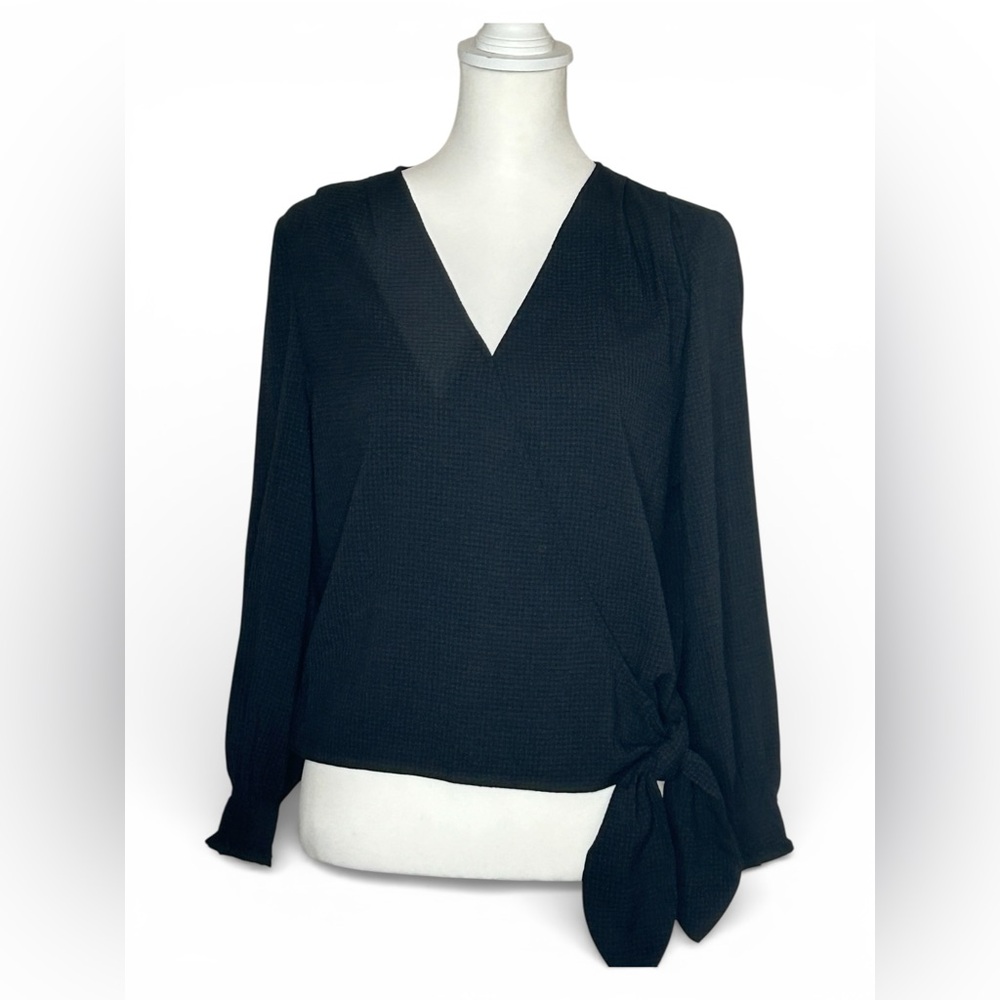 Madewell BlackGray Surplice Wrap Top size med long sleeve boho balletcore